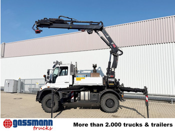 Truk flatbed, Truk derek Unimog U400 4x4, Frontzapfwelle, Heckkran Hiab XS: gambar 5