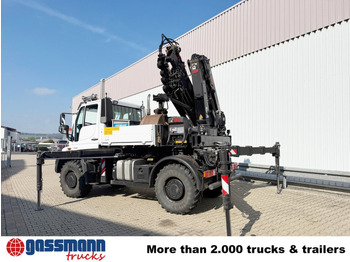 Truk flatbed, Truk derek Unimog U400 4x4, Frontzapfwelle, Heckkran Hiab XS: gambar 3