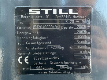 Forklift listrik Still R20-16 Elektra 1.6 ton Triplex Freelift Sideshift Heftruck: gambar 3