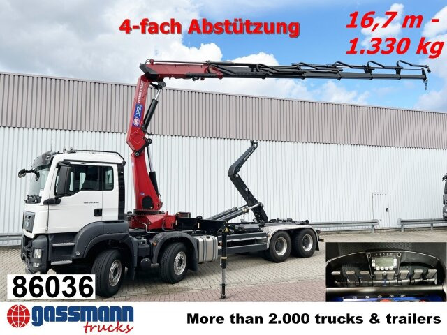 MAN TGS 35.480 8X4 BL, Intarder, Kran HMF 3220-K6, - Hook lift, Truk derek: gambar 1 MAN TGS 35.480 8X4 BL, Intarder, Kran HMF 3220-K6, - Hook lift, Truk derek: gambar 1