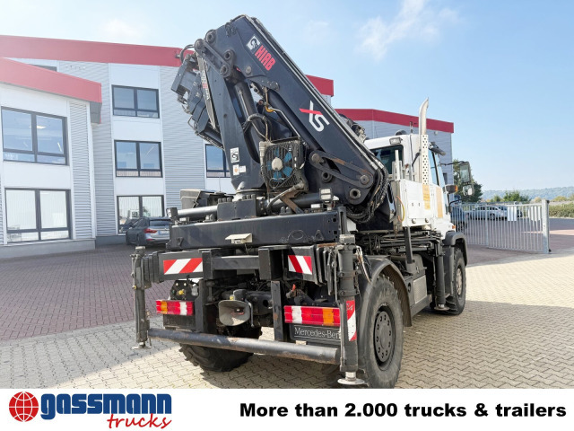 Truk flatbed, Truk derek Unimog U400 4x4, Frontzapfwelle, Heckkran Hiab XS: gambar 14