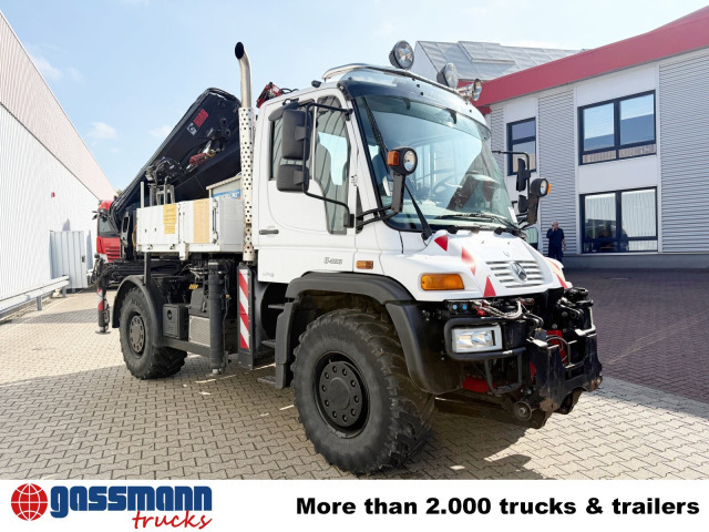 Truk flatbed, Truk derek Unimog U400 4x4, Frontzapfwelle, Heckkran Hiab XS: gambar 13