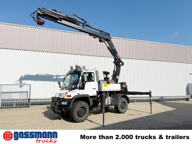 Truk flatbed, Truk derek Unimog U400 4x4, Frontzapfwelle, Heckkran Hiab XS: gambar 8