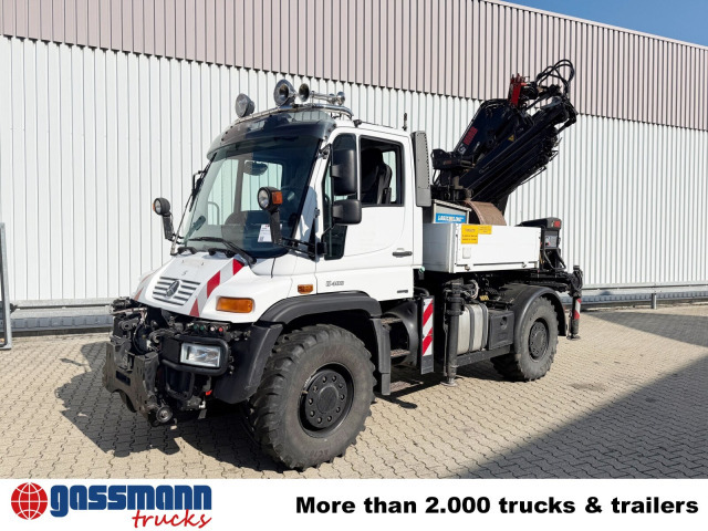 Truk flatbed, Truk derek Unimog U400 4x4, Frontzapfwelle, Heckkran Hiab XS: gambar 9