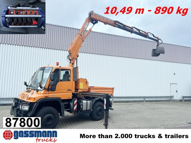 Unimog U400 4x4, Frontzapfwelle, Kipper, Kran MKG HKL - Truk jungkit, Truk derek: gambar 1 Unimog U400 4x4, Frontzapfwelle, Kipper, Kran MKG HKL - Truk jungkit, Truk derek: gambar 1