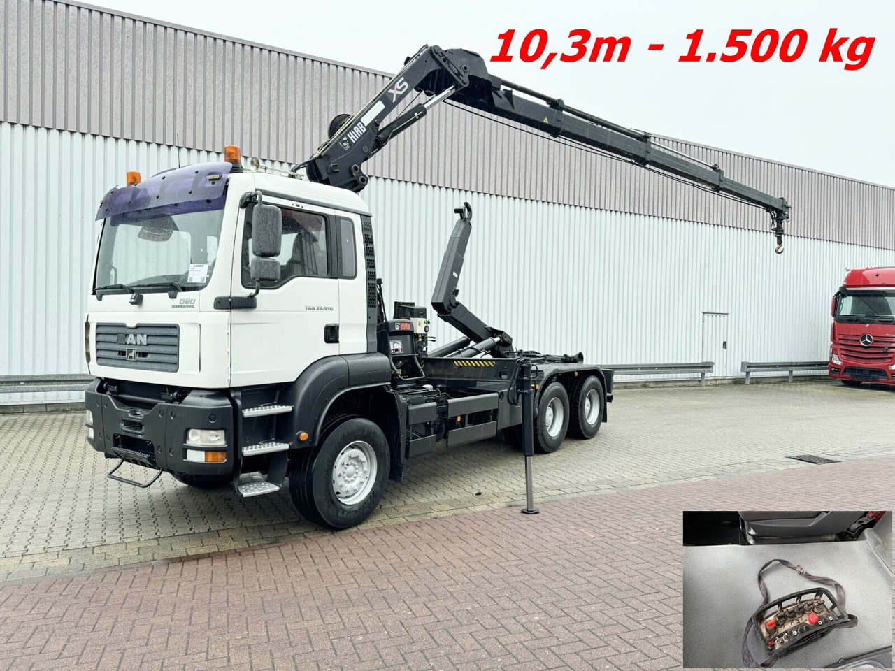 MAN TGA 33.350 6X4 BB TGA 33.350 6X4 BB mit Kran Hiab 166 E-3 HiDuo, Funk - Hook lift, Truk derek: gambar 1 MAN TGA 33.350 6X4 BB TGA 33.350 6X4 BB mit Kran Hiab 166 E-3 HiDuo, Funk - Hook lift, Truk derek: gambar 1