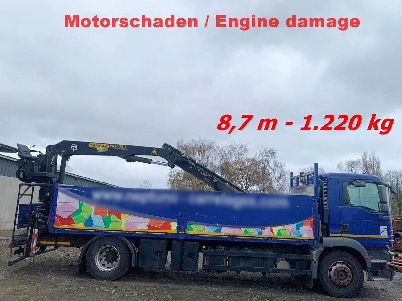 MAN TGM 18.290 4x2 BL mit MOTORSCHADEN! TGM 18.290 4x2 BL, Heckkran Palfinger PK12001L, MOTORSCHADEN! - Truk derek, Truk flatbed: gambar 1 MAN TGM 18.290 4x2 BL mit MOTORSCHADEN! TGM 18.290 4x2 BL, Heckkran Palfinger PK12001L, MOTORSCHADEN! - Truk derek, Truk flatbed: gambar 1
