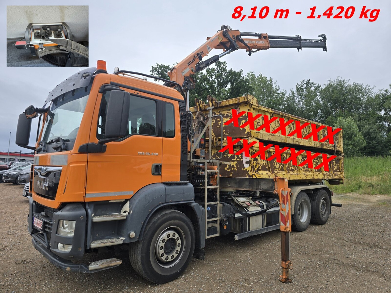 MAN TGS 28.440 6x2-4 BL TGS 28.440 6x2-4 BL, Atlas Kran VDL Abrollanlage, Funk, Lenk-Liftachse - Hook lift, Truk derek: gambar 1 MAN TGS 28.440 6x2-4 BL TGS 28.440 6x2-4 BL, Atlas Kran VDL Abrollanlage, Funk, Lenk-Liftachse - Hook lift, Truk derek: gambar 1