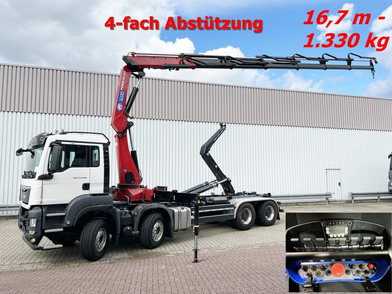 MAN TGS 35.480 8X4 BL TGS 35.480 8X4 BL, Intarder, Kran HMF 3220-K6, 4-fach Abstützung, Funk - Hook lift, Truk derek: gambar 1 MAN TGS 35.480 8X4 BL TGS 35.480 8X4 BL, Intarder, Kran HMF 3220-K6, 4-fach Abstützung, Funk - Hook lift, Truk derek: gambar 1