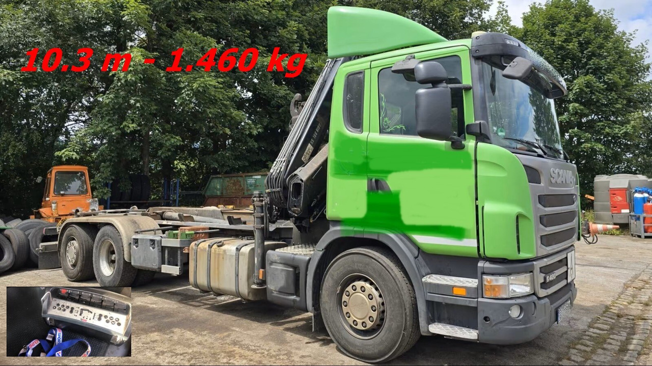 Scania Scania G 480/6x2-4 Scania G 480/6x2-4, Lenk-Liftachse, Hiab Kran Funk 166 HD-3, Abroller XR 18 S 59 - Hook lift, Truk derek: gambar 1 Scania Scania G 480/6x2-4 Scania G 480/6x2-4, Lenk-Liftachse, Hiab Kran Funk 166 HD-3, Abroller XR 18 S 59 - Hook lift, Truk derek: gambar 1