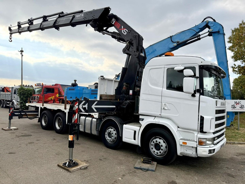 Scania 114C-380 8x4 PRITSCHE + KRAN HIAB 700 E-5 - PLATFORM 6m80 + TWISTLOCKS - MANUAL - RETARDER - STEEL SPRING / BIG AXLE HUB REDUCTION  - AP ACHSEN - Truk flatbed, Truk derek: gambar 1 Scania 114C-380 8x4 PRITSCHE + KRAN HIAB 700 E-5 - PLATFORM 6m80 + TWISTLOCKS - MANUAL - RETARDER - STEEL SPRING / BIG AXLE HUB REDUCTION  - AP ACHSEN - Truk flatbed, Truk derek: gambar 1