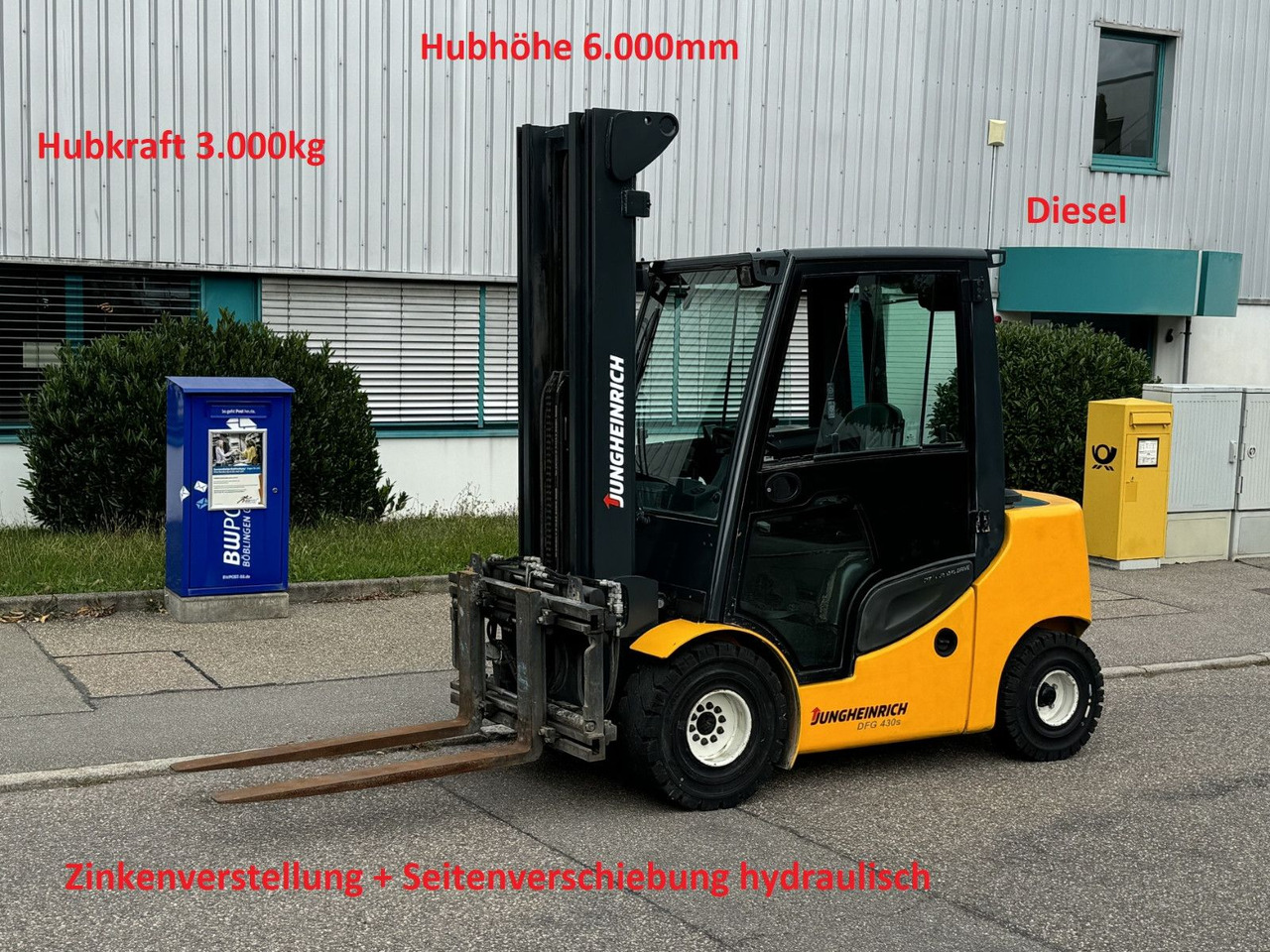 Jungheinrich DFG 430s 600DZ 3t Triplex 6m Zinkenverst. Seiten - Forklift diesel: gambar 1 Jungheinrich DFG 430s 600DZ 3t Triplex 6m Zinkenverst. Seiten - Forklift diesel: gambar 1