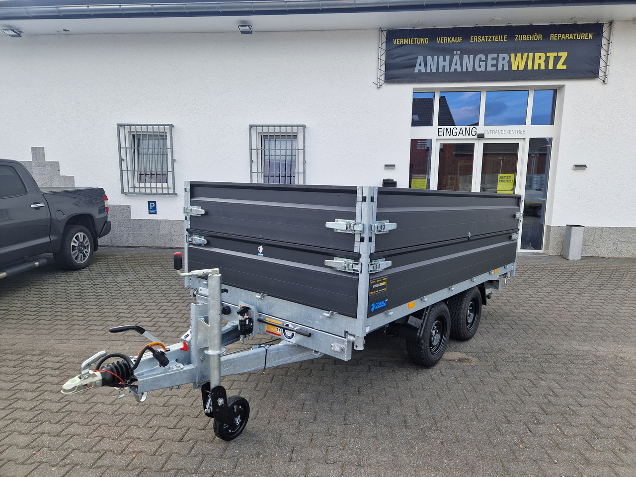 Trailer jungkit COBALT+ 335x180x40cm black +40cm hohe Aluwände Elektro Rampen Stützen Parabelfederung 3500kg: gambar 9