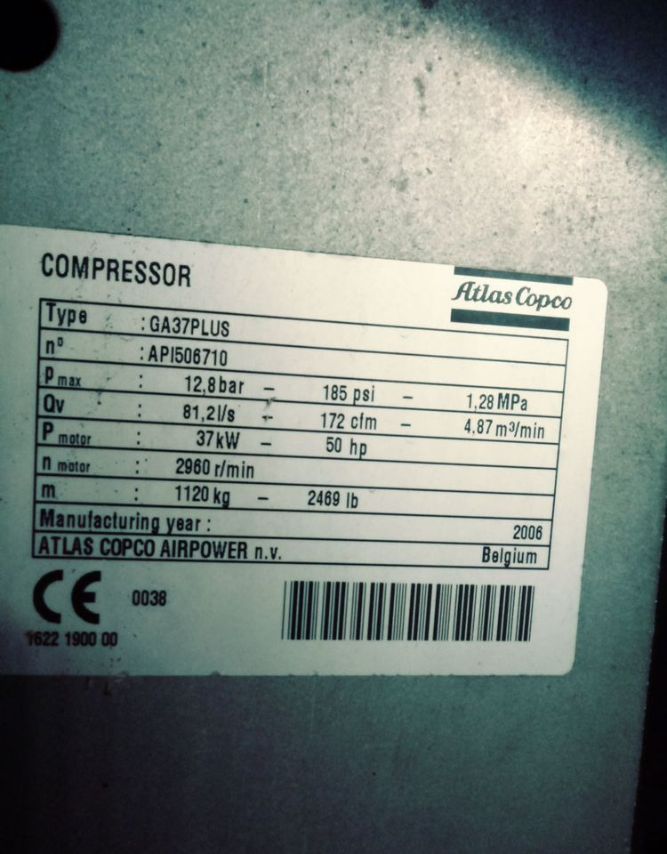Kompresor Atlas Copco Atlas Copco GA37 Plus 2006 Kompresor sprężarka śrubowa - Kompresor udara: gambar 3 Kompresor Atlas Copco Atlas Copco GA37 Plus 2006 Kompresor sprężarka śrubowa - Kompresor udara: gambar 3