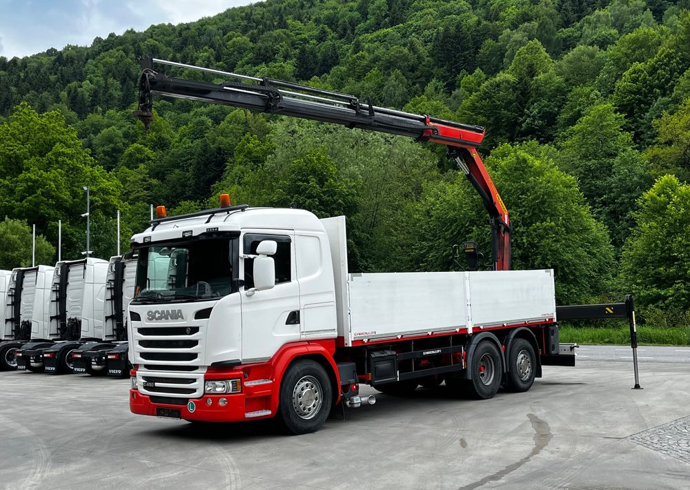 Scania G450 // 6x2// Skrzynia 6.40x2.49 // HDS Palfinger // Oś skrętna podnoszona // - Truk flatbed, Truk derek: gambar 1 Scania G450 // 6x2// Skrzynia 6.40x2.49 // HDS Palfinger // Oś skrętna podnoszona // - Truk flatbed, Truk derek: gambar 1