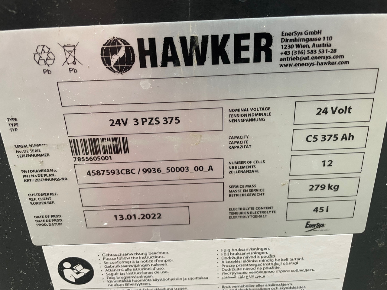 Hawker 24 Volt I 3 PZS 375 - Baterai untuk Peralatan untuk menangani material: gambar 2 Hawker 24 Volt I 3 PZS 375 - Baterai untuk Peralatan untuk menangani material: gambar 2