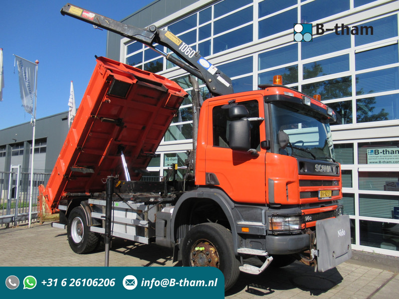 Scania P 114 CB 4x4 HZ 340 3-W. Tipper - 3-S. Kipper + HMF 1063 Crane Kran - Truk jungkit, Truk derek: gambar 1 Scania P 114 CB 4x4 HZ 340 3-W. Tipper - 3-S. Kipper + HMF 1063 Crane Kran - Truk jungkit, Truk derek: gambar 1