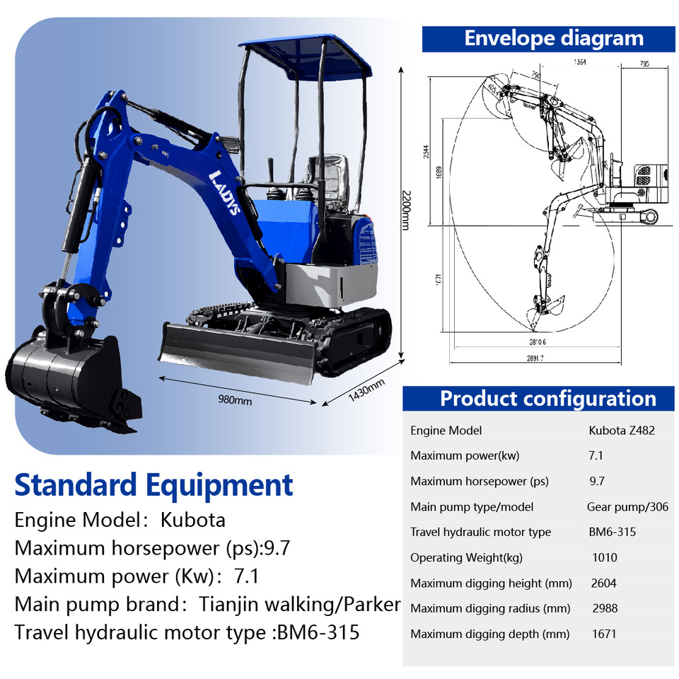 LADYS DY12Pro Mini Excavator Kubota Engine Euro 5/EPA/CE Mini Excavator Digger Miniexcavadora Mini Excavator For Sale - Ekskavator perayap: gambar 2 LADYS DY12Pro Mini Excavator Kubota Engine Euro 5/EPA/CE Mini Excavator Digger Miniexcavadora Mini Excavator For Sale - Ekskavator perayap: gambar 2