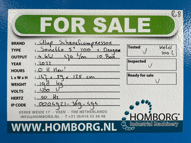 Kompresor udara baru Alup Sonetto 5 + 200 Elektrische Schroefcompressor 4 kW 470 L / min 10 Bar met droger en ketel: gambar 13 Kompresor udara baru Alup Sonetto 5 + 200 Elektrische Schroefcompressor 4 kW 470 L / min 10 Bar met droger en ketel: gambar 13