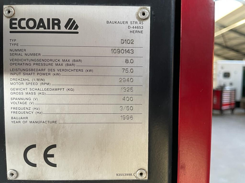 Ecoair D102 Elektrische Schroefcompressor 75 kW 10.000 L / min 8 Bar - Kompresor udara: gambar 4 Ecoair D102 Elektrische Schroefcompressor 75 kW 10.000 L / min 8 Bar - Kompresor udara: gambar 4