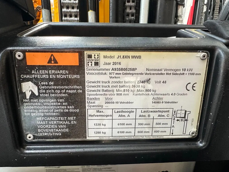 Forklift listrik Hyster J1.8XN MWB 1.8 ton Triplex Freelift Sideshift Positioner Elektra Heftruck Accu 2023: gambar 5