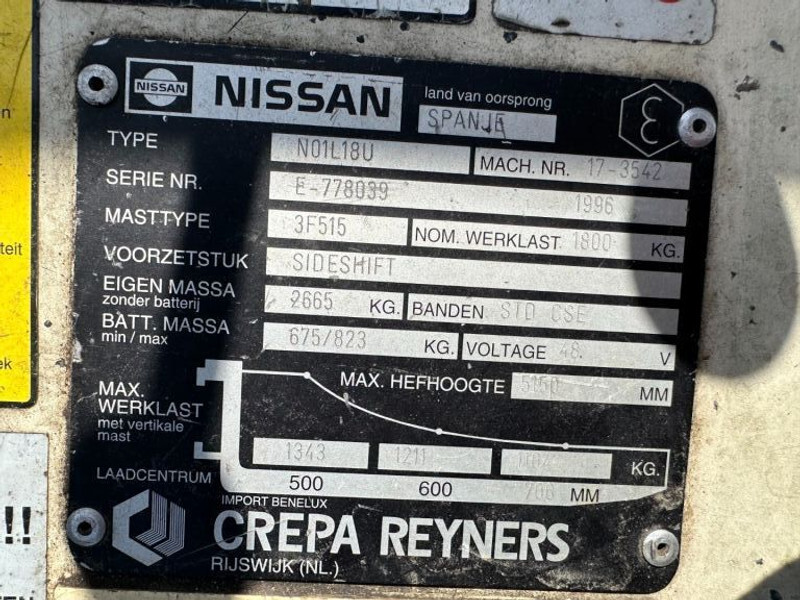 Nissan N01L18U 1.8 ton Triplex Freelift Sideshift Elektra Heftruck Accu 2016 ! - Forklift listrik: gambar 3 Nissan N01L18U 1.8 ton Triplex Freelift Sideshift Elektra Heftruck Accu 2016 ! - Forklift listrik: gambar 3
