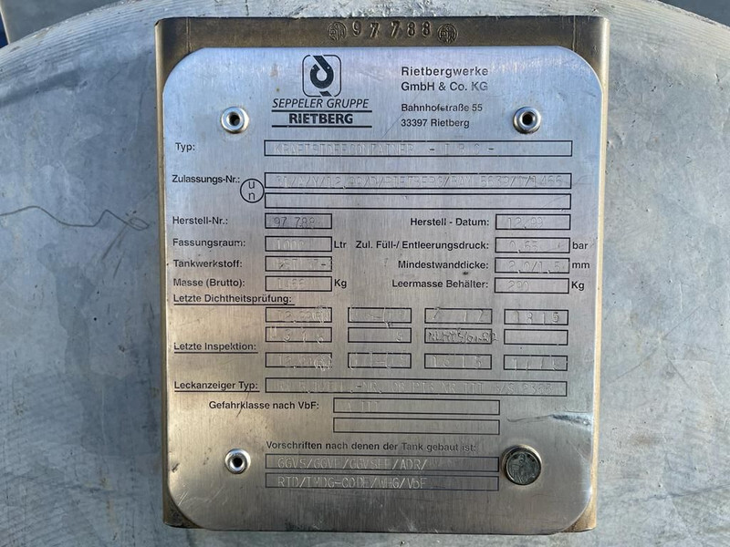 Dieseltank Rietberg 1000 liter Dieseltank Gegalvaniseerd IBC met keuring ! - Tangki penyimpanan: gambar 3 Dieseltank Rietberg 1000 liter Dieseltank Gegalvaniseerd IBC met keuring ! - Tangki penyimpanan: gambar 3